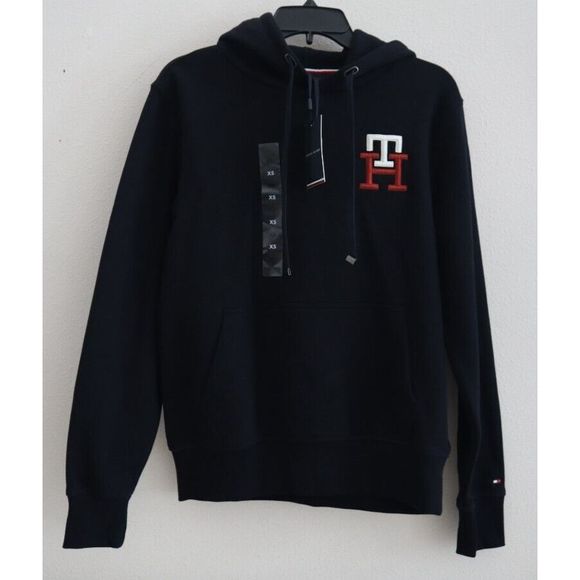 Tommy Hilfiger Mens Sz XS Navy Monogram Logo Cotton Blend Hoodie Sweatshirt $129 - Picture 1 of 12